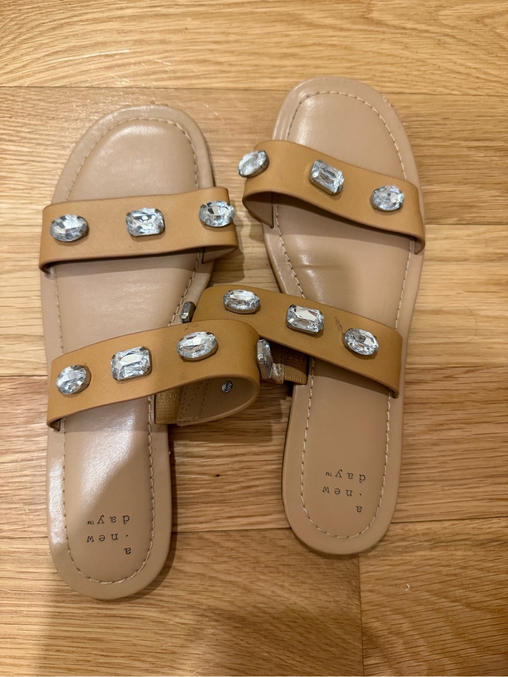 Tan Jeweled Double-Strap Slide Sandals